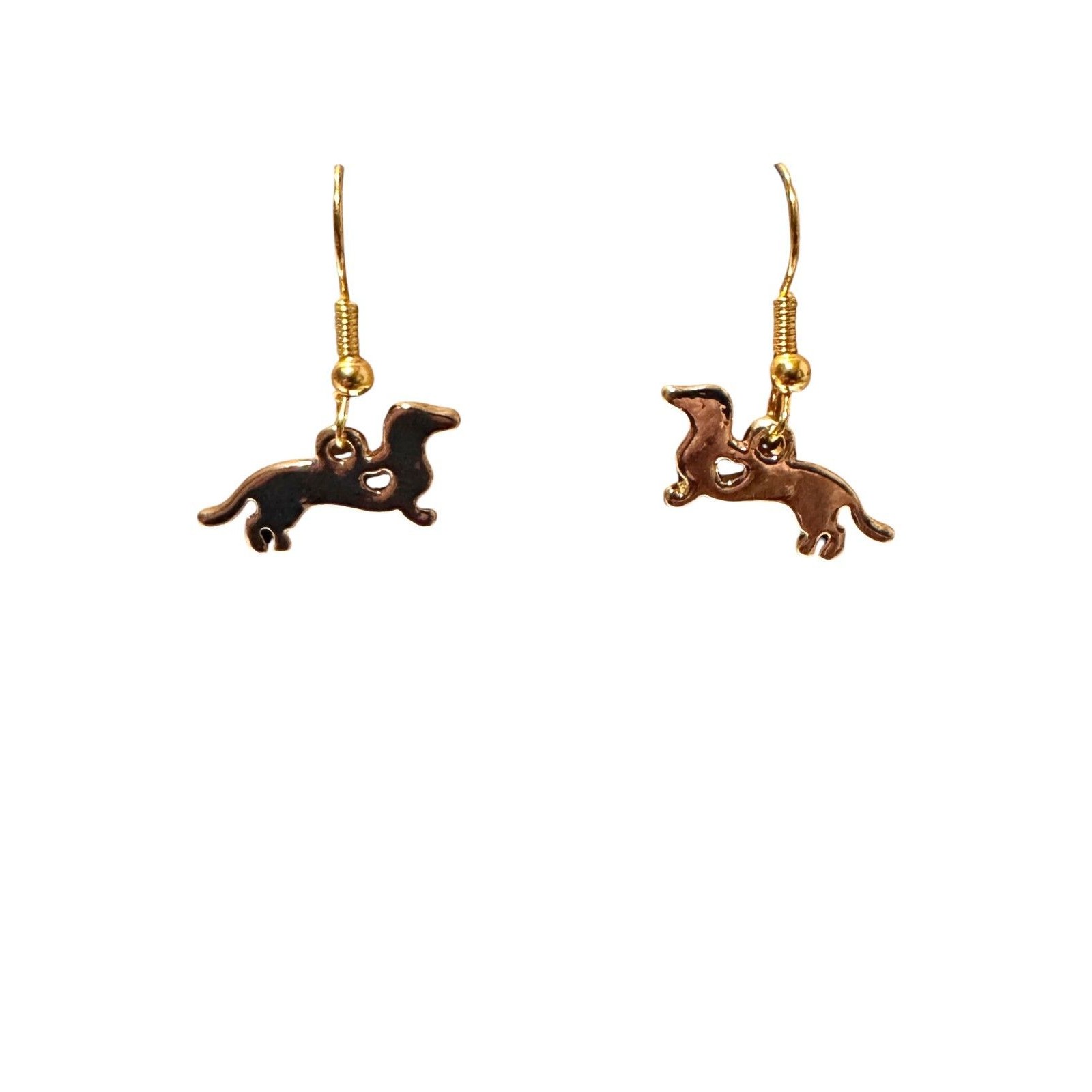 Gold Dachshund Dog Charm On 10kt Gold Earrings #2223